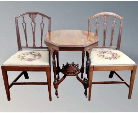 A 19th century mahogany octagonal occasional table together with a pair of antique mahogany dining chairs with tapestry seats