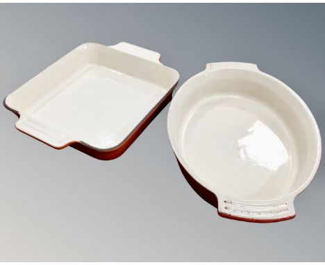 A cast iron Le Creuset oven dish together with a further ceramic oven dish.