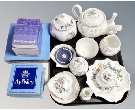 A tray containing Wedgwood and Aynsley cabinet china (some boxed), together with a three piece English floral patterned teapo