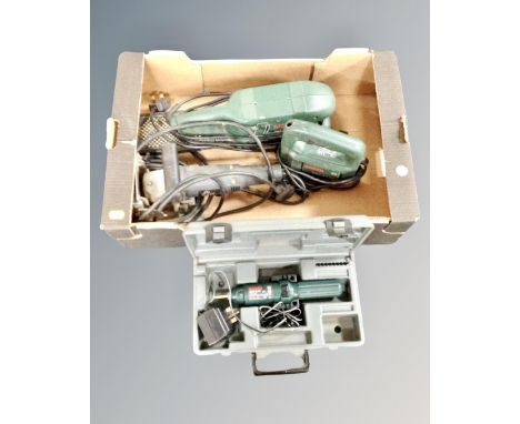 A box of power tools including Bosch sander and jig saw, Bosch electric screwdriver in case, an Elu biscuit jointer.