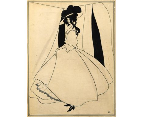 Attributed to Aubrey Beardsley (British, 1872-1898) A woman in feathered hat and crinoline skirt, standing with drapes behind