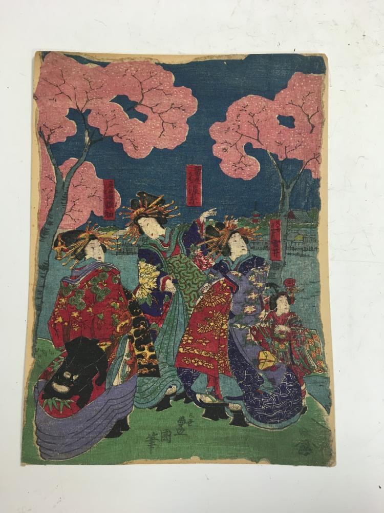 Japanese crepe paper prints, 7 loose woodblock prints mainly of ladys
