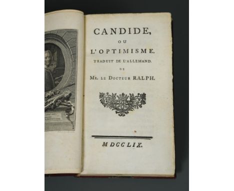 VOLTAIRE (F M A de) Candide, ou l'Optimisme. 1759, 12mo, [no place or imprint stated], portrait frontispiece after De La Tour