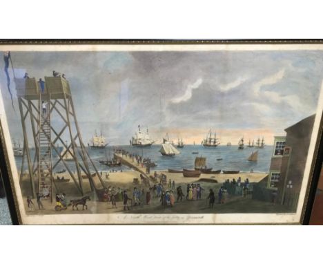 A collection of coloured East Anglian coastal prints, R. Pollard after J. Butcher, View of the Jetty at Yarmouth, 1801, aquat