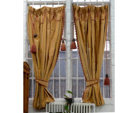 THREE  PAIRS OF STRIPED CURTAINS INTERLINED, GOBLET HEADINGS WITH FRINGED SIDES AND ROPE DECORATION, 2 WIDTHS, 234CM LONG,  O