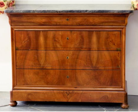 A FRENCH WALNUT SECRETAIRE COMMODE WITH GREY MARBLE TOP, MID 19TH CENTURY, 95CM H X 123CM W X 58CM DIAM