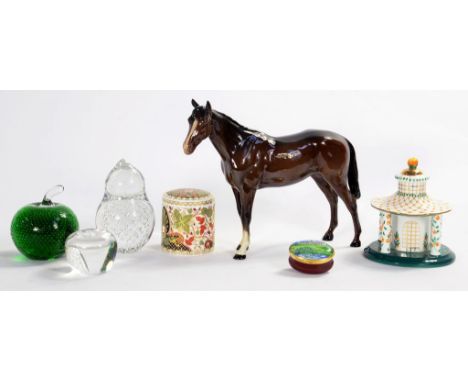 A BESWICK HORSE, A SPODE IMARI PAPERWEIGHT, A BOXED STAFFORDSHIRE ENAMEL PATCH BOX, THREE GLASS PAPERWEIGHTS AND A COALPORT '