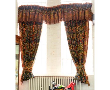 A PAIR OF OSBORNE AND LITTLE CHENILLE  INTERLINED CURTAINS 2 WIDTHS, 246CM DROP, DEEP SIDE FRINGING, AND TRIPLE PLEAT FRINGED