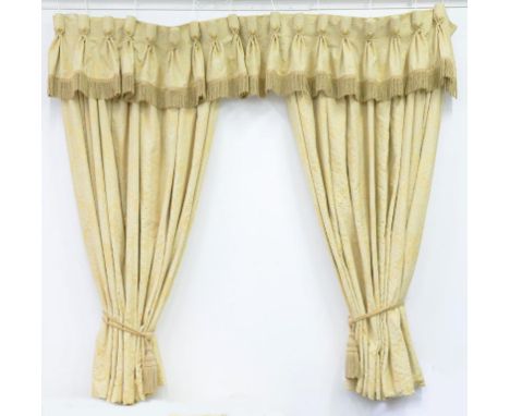 TWO PAIRS OF GOLD COLOURED INTER LINED  CURTAINS TRIPLE PLEAT HEAD, 1 1/2 WIDTHS, 249CM DROP AND DEEP FRINGED VALANCE GOBLET 