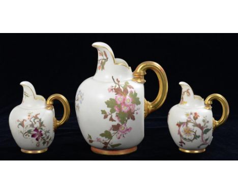 ONE AND A PAIR OF ROYAL WORCESTER IVORY GROUND FLATBACK JUGS, 20CM H, PRINTED MARK, LATE 19TH CENTURY