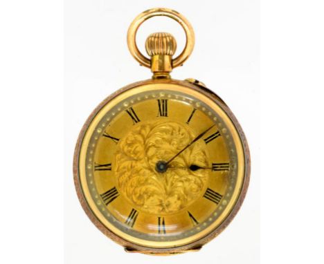 A SWISS 18CT GOLD KEYLESS CYLINDER WATCH WITH ENGRAVED DIAL, IN ENGRAVED CASE, MARKED 18K, CIRCA 1900