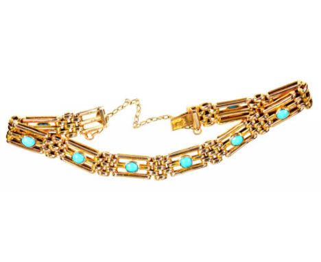A GOLD GATE BRACELET, EACH SECTION SET WITH A TURQUOISE EN CABOCHON, MARKED 9CT, EARLY 20TH CENTURY, 10G