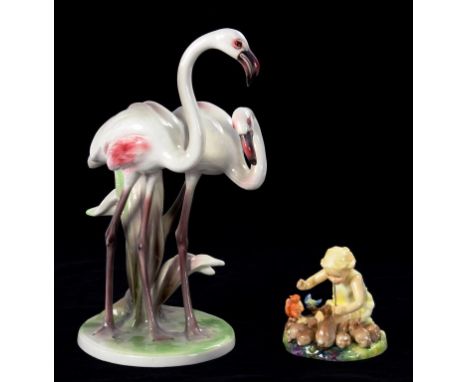 A ROYAL WORCESTER WOODLAND DANCE FIGURINE MODELLED BY F. S. OUGHTY, BLACK PRINTED MARK AND A KERAMIS MODEL OF FLAMINGOS, 30CM