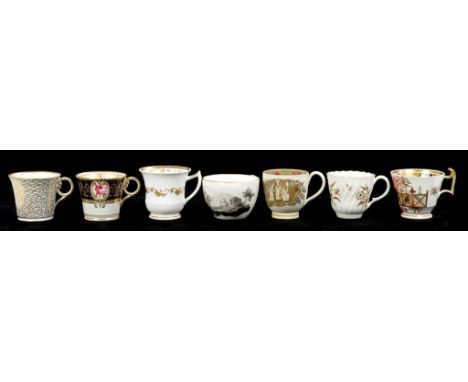 SEVEN SPODE, CHAMBERLAIN WORCESTER AND OTHER ENGLISH POTTERY AND PORCELAIN TEA AND COFFEE CUPS , ALL EARLY 19TH C, A ROYAL DO