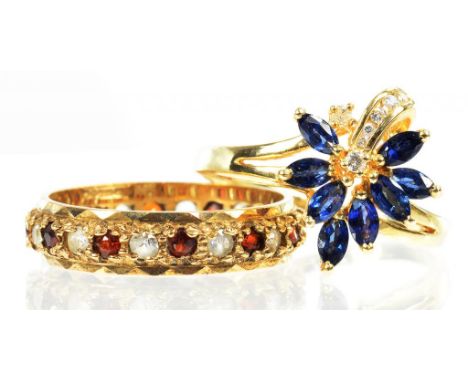 A SAPPHIRE AND DIAMOND RING IN GOLD, MARKED 750 AND A GEM SET 9CT GOLD ETERNITY RING, SIZES F AND Q, 3.5G AND 3.2G RESPECTIVE