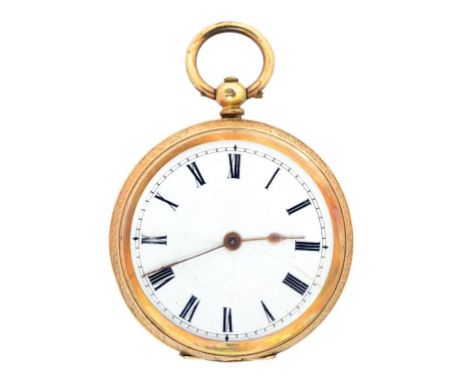 A SWISS GOLD WATCH WITH ENAMEL DIAL AND THREE QUARTER PLATE MOVEMENT IN ENGRAVED CASE, MARKED 14K, LATE 19TH CENTURY, 45.2G