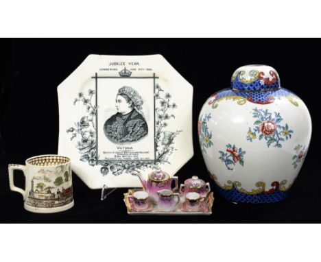 A BURGESS & LEIGH SEPIA PRINTED MUG DECORATED WITH A RAILWAY TRAIN, 8CM H, PRINTED MARK, 1860'S FLORAL GINGER JAR AND LID, 25