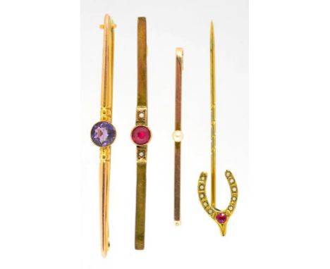 THREE GOLD BAR BROOCHES AND A STICKPIN WITH WISHBONE TERMINAL, ALL GEM SET, ALL EARLY 20TH CENTURY, 6.2G