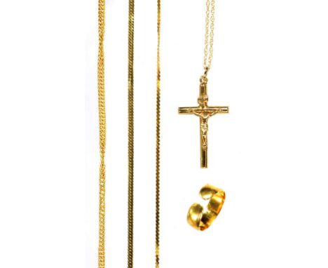 A SMALL QUANTITY OF GOLD JEWELLERY, PRINCIPALLY CHAINS COMPRISING 18K/750, 10.5G AND 9CT 3.8G