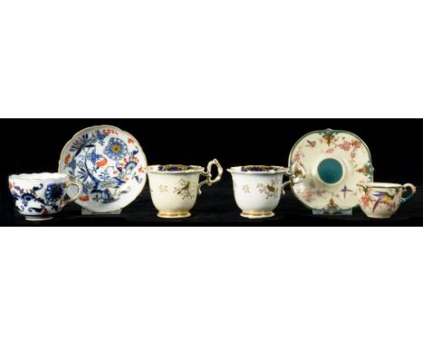 A MEISSEN IMARI ONION PATTERN CUP AND SAUCER, A HADLEYS WORCESTER CABINET CUP AND SAUCER AND A PAIR OF RIDGWAY COFFEE CUPS DE