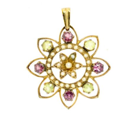AN AMETHYST, PERIDOT AND SPLIT PEARL SET GOLD OPENWORK PENDANT, MARKED 9CT, EARLY 20TH CENTURY, 2.5G