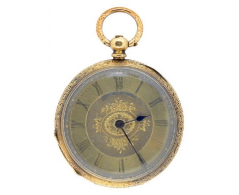 A SWISS GOLD CYLINDER FOB WATCH, WITH ENGRAVED DIAL, THE CASE ENGINE TURNED AND ENGRAVED, MARKED 18K, LATE 19TH CENTURY, 34.5