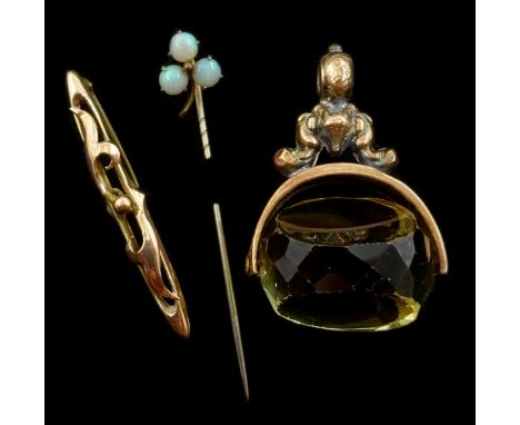 Victorian 9ct gold citrine swivel fob, opal stick pin and a bar brooch Condition Report Click here for further images, condit