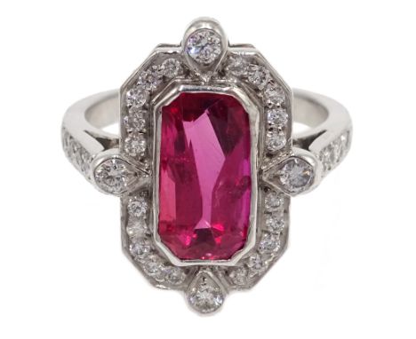 18ct white gold emerald cut ruby and diamond dress ring, ruby approx 2.6 carat Condition Report Gold tested to 18ctClick here