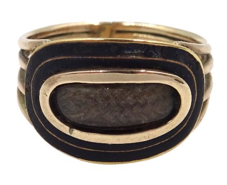 Georgian gold mourning ring with plaited hair panel, black enamel and gold surround inscribed 'Sam Robson obt 4th Nov 1813 ag