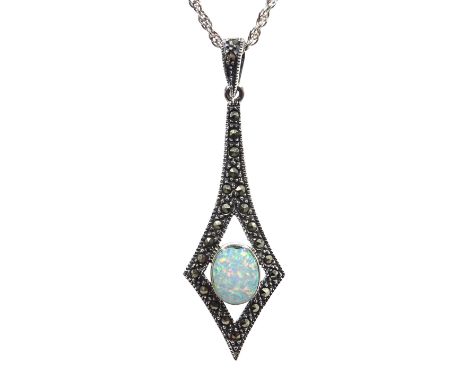 Silver opal and marcasite pendant necklace stamped 925 Condition Report Click here for further images, condition, auction tim