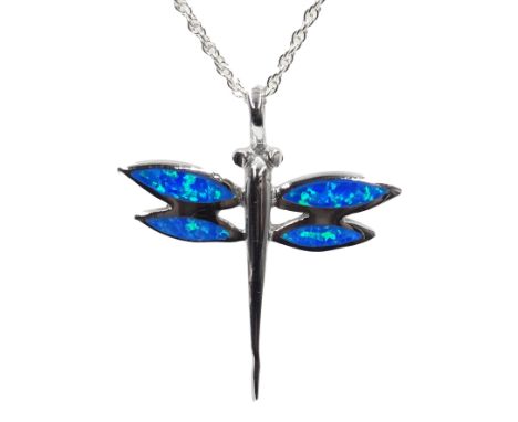 Silver blue opal dragonfly pendant necklace, stamped 925 Condition Report Click here for further images, condition, auction t