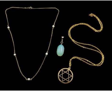 Gold chain necklace set with five pearls stamped 9k, an opal pendant and a star of David pendant necklace Condition Report Cl