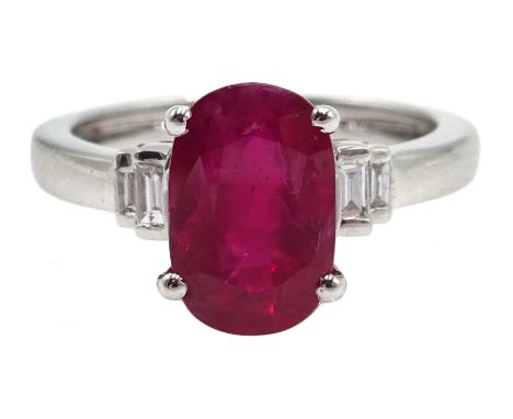 18ct white gold oval Burmese ruby ring, with baguette diamond shoulders, hallmarked, ruby approx 3.00 carat Condition Report 