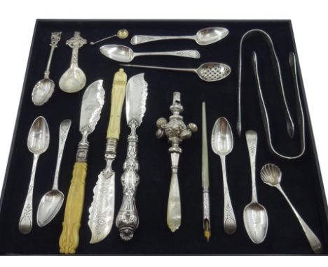 Silver baby's rattle with whistle and mother of pearl handle Birmingham 1905, Celtic beaten silver caddy spoon by W Johnson &