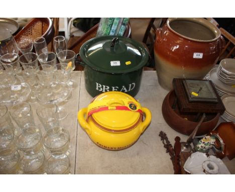 An enamel bread bin together with a Coleman's mustard casserole dish