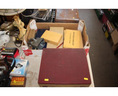 Two boxes containing various engineers tools and router bits 