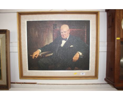 A framed portrait print depicting Winston Churchill