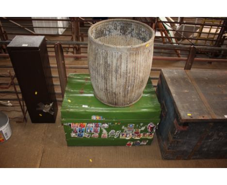 A galvanised container together with a green painted tin trunk