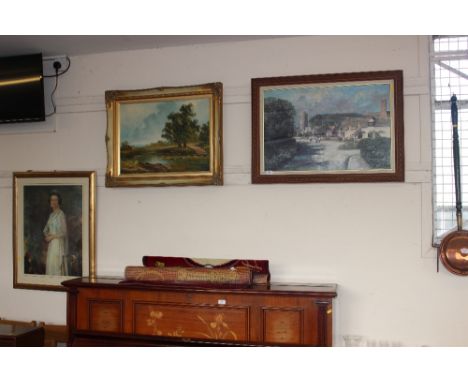 A framed oleograph depicting a street scene; a gilt framed oil on canvas depicting a river scene and with a portrait print of