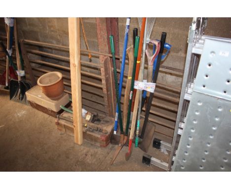 A quantity of long handled gardening tools; glazed planter; box and contents etc. 