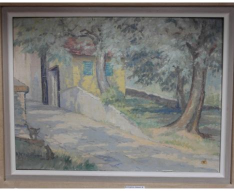 Miss K M Haviland (British, 20th century): An oil on board depicting a street scene with cats; together with a signed Hugh Ca
