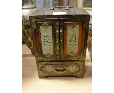 A Chinese jade set and brass cornered jewellery casket, c1940