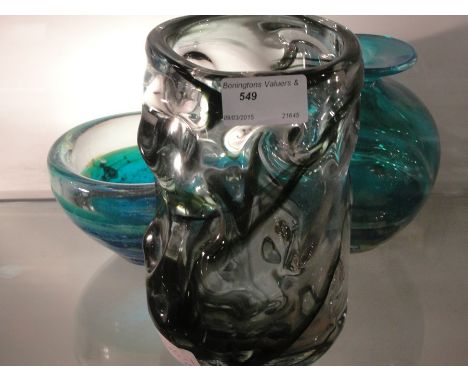 Three pieces of art glass: a Whitefriars 'knobbly' vase and two Murano vases