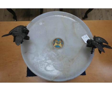 A 19th Century Alabaster, Ormolu and Champleve Enamel Tazza:
an alabaster shallow bowl with enamelled butterfly rondel to cen