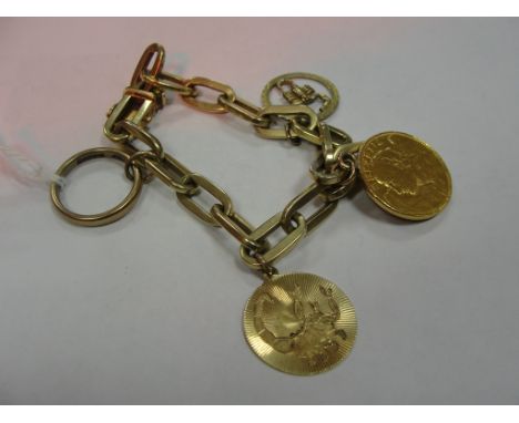 A 14 k bracelet with 9ct charms; together with a 1949 B mint 20 franc gold coin