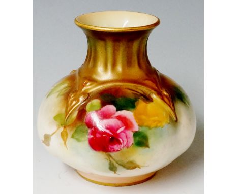 A Royal Worcester vase of lobed compressed globular design with brushed gilt and green fluted neck with moulded collar the bo