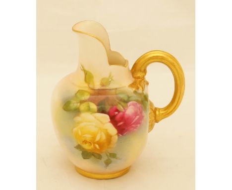A Royal Worcester jug with leaf clasped reeded gilt handle, the body painted with pink and yellow roses on a shaded ground, 1