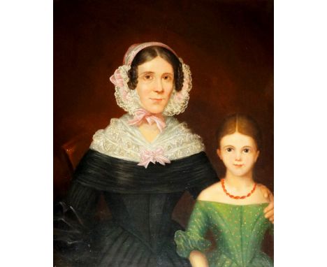 English School, mid 19th Century - half length portrait of a mother and her daughter, the mother with lace trimmed black dres