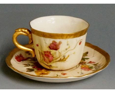 A Royal Worcester cup and saucer with rose and poppy design in yellow and pink, gilded detailing purple Royal Worcester Engla