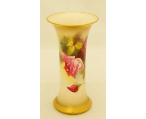 A Royal Worcester waisted cylindrical vase, the body painted with dark and pink roses on a shaded gilt ground, 16cm high, pri